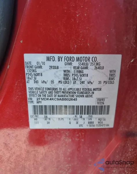 2010 Ford Edge Limited from USA, damaged, VIN 2FMDK4KC9ABB02645